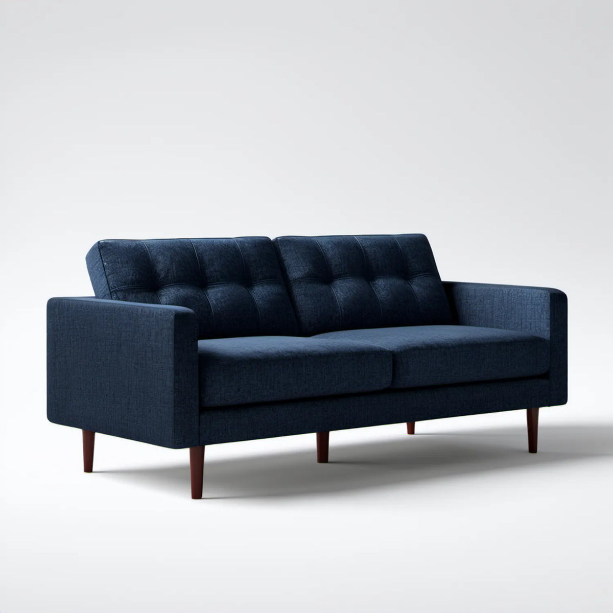 Dwuosobowa sofa granatowa z brązowymi nogami, 160 x 85 x 85 cm
