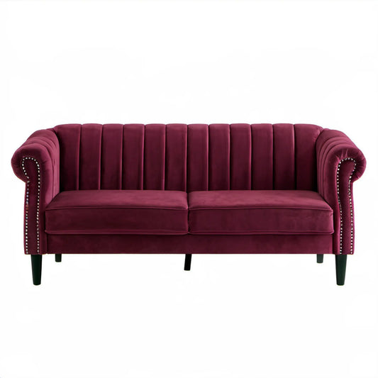 Dwuosobowa sofa Chesterfield z aksamitu poliestrowego, bordowa, 180 x 82 x 78 cm