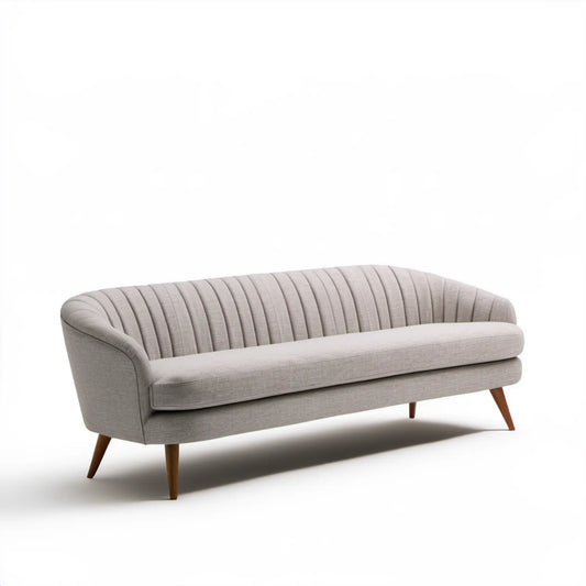 Jasnoszara sofa trzyosobowa z półokrągłym oparciem 220 x 90 x 78 cm