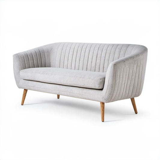 Półokrągła sofa dwuosobowa jasnoszara z drewnianymi nogami, 145 x 78 x 78 cm