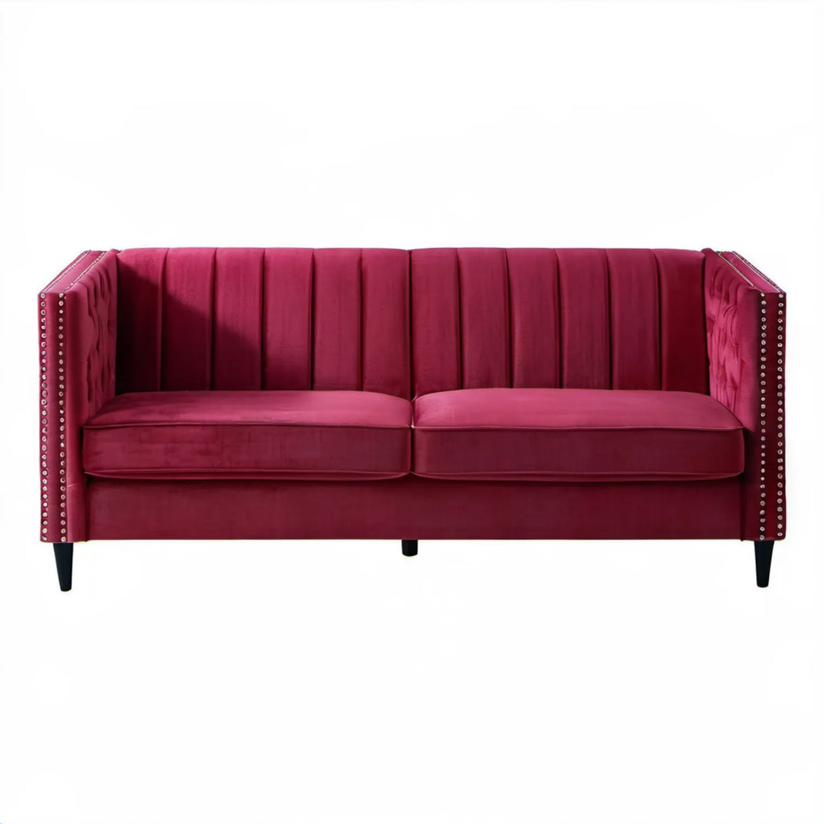 Bordowa sofa dwuosobowa z aksamitu 160 × 80 × 82 cm z dekoracyjnymi pinezkami