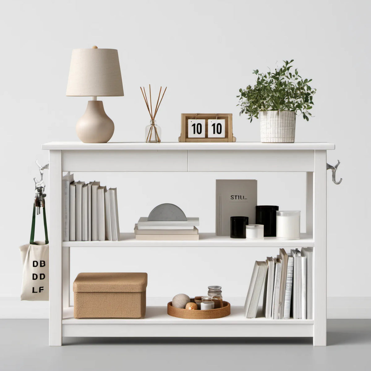 Biała konsola MDF 120 x 30 x 80 cm z 2 szufladami, 2 półkami i srebrnymi haczykami