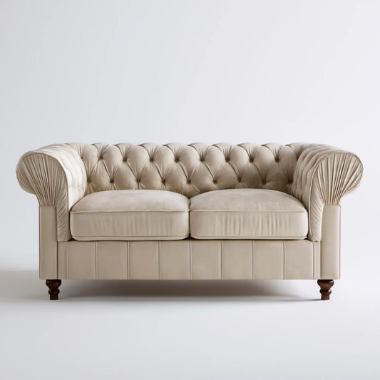 Dwuosobowa sofa Chesterfield z aksamitu, beżowa, 180 × 92 × 82 cm
