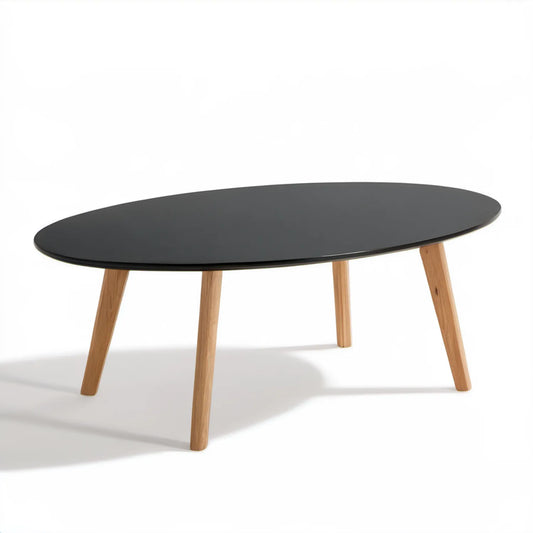 Owalny stolik kawowy z czarnym lakierowanym blatem MDF i nogami z litego dębu 120 x 60 x 45 cm