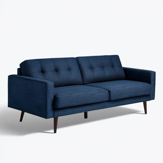 Trzyosobowa sofa tapicerowana granatowa z ciemnobrązowymi nogami, 210 x 85 x 84 cm