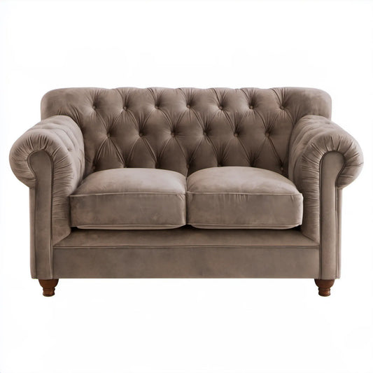 Dwuosobowa sofa Chesterfield z aksamitu poliestrowego Taupe, 165 x 90 x 78 cm