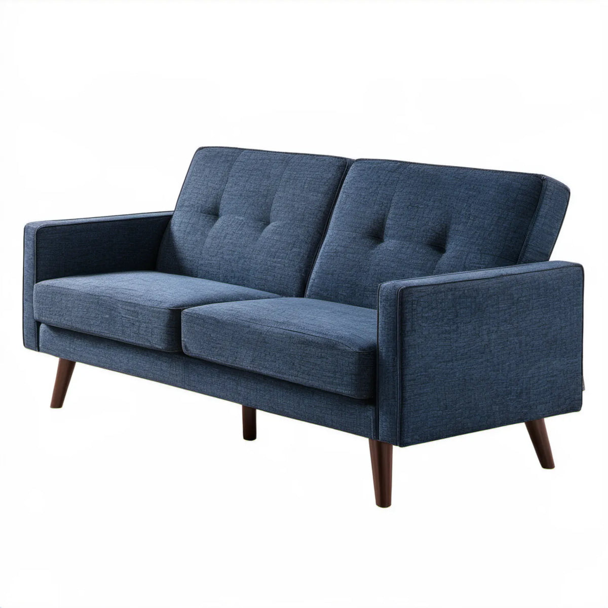 Dwuosobowa sofa z tapicerką poliestrową granatowa z ciemnobrązowymi nogami 145 x 82 x 86 cm