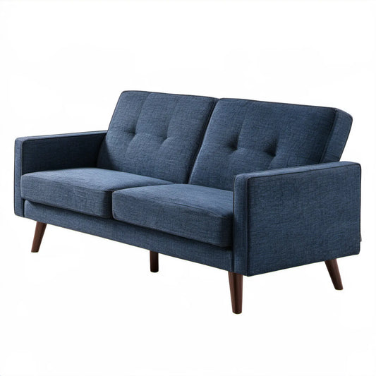 Dwuosobowa sofa z tapicerką poliestrową granatowa z ciemnobrązowymi nogami 145 x 82 x 86 cm